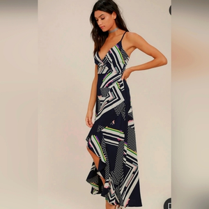 Lulu's the Sky's the Limit Navy blue‎ striped high low dress NWT